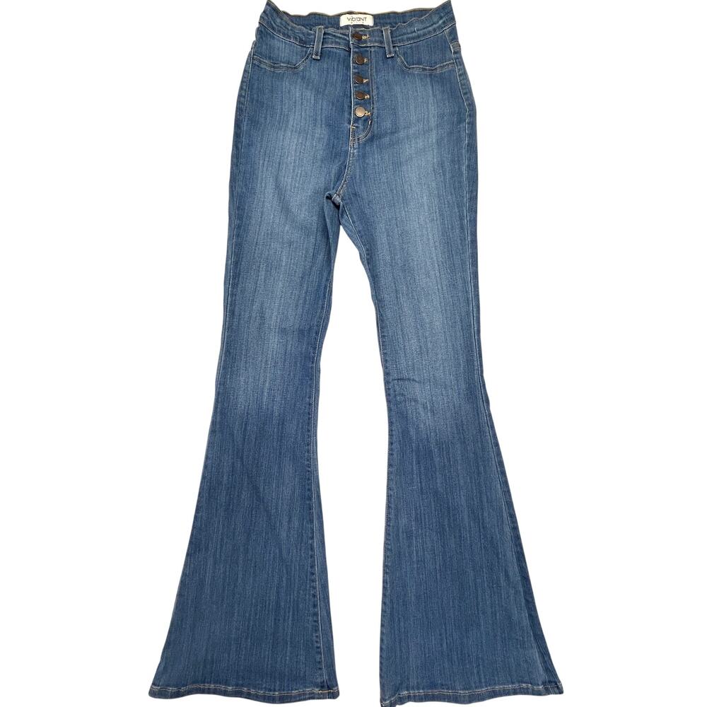 Vibrant miu Flare Denim Jeans Juniors 15 Blue USA High Waist Button Fly Stretch